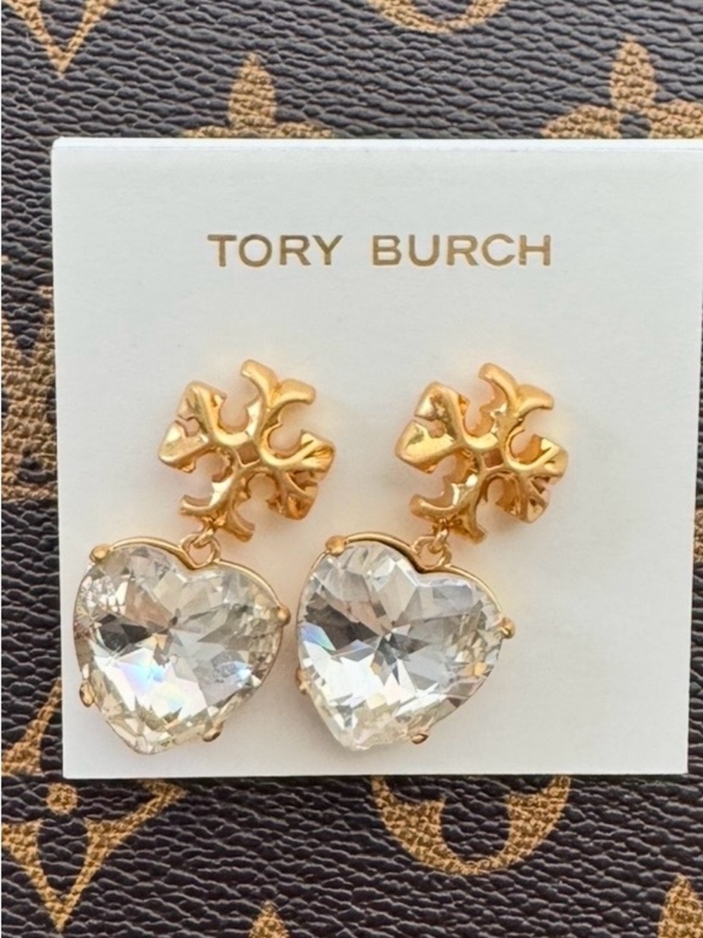 Tory Burch Gold-Tone Logo Earrings with Clear Heart Crystals